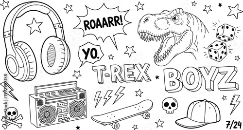 Doodle vector set for boys featuring T-rex dinosaur skateboard headphones boombox and street style elements in hand drawn line art