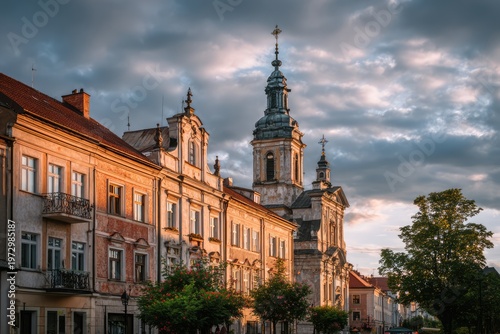 Historic European Town Square with Baroque Architecture and Dramatic Sky.