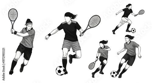 Grayscale vector illustration set featuring female athletes in action poses, including women playing tennis with rackets and soccer players dribbling balls on a white background.