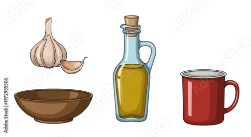 Vector illustration set featuring a whole garlic bulb and clove, a glass bottle filled with olive oil and a cork, an empty brown ceramic bowl, and a red enamel mug isolated on white.