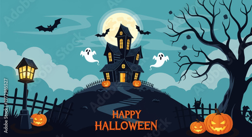 Vector illustration of a spooky haunted house on a hill at night with ghosts, bats, full moon, and carved pumpkins. Features a dead tree, fence, and Happy Halloween text.