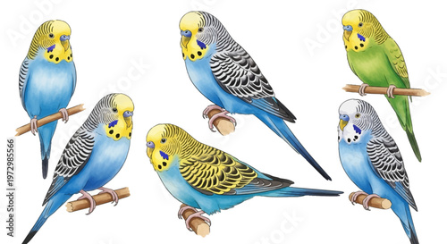 Watercolor illustration set of six budgerigars perched on wooden branches. Blue and green parakeets with yellow heads and black wing patterns, isolated on a white background.