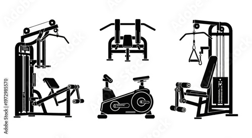 Vector illustration of four black gym equipment pieces including a weight machine, chest press, stationary exercise bike, and lat pulldown pulley station on a white background.