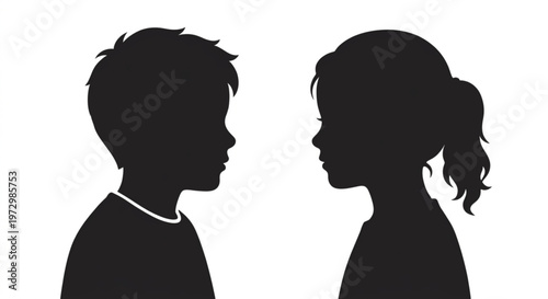 Silhouette of a boy and a girl looking at each other on a white background
