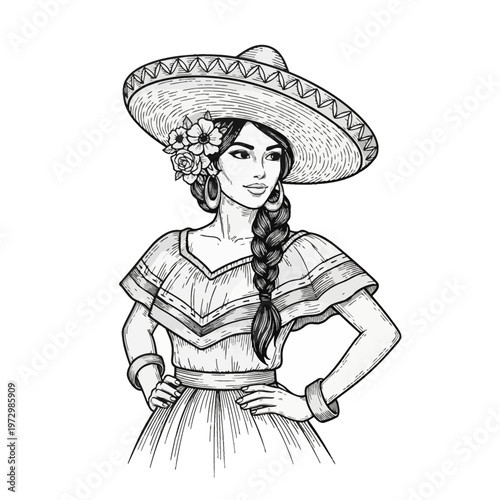 Black and white line art illustration of an elegant Latina woman wearing a traditional Mexican sombrero and ruffled dress with floral hair ornaments and a long braided hairstyle.