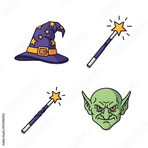 Magical fantasy vector icon set including a purple wizard hat with gold stars and buckle, two magic wands with glowing star toppers, and a green goblin head on white.