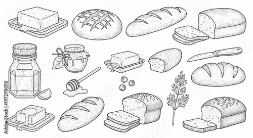 Hand-drawn black and white illustration set featuring various bakery products including assorted bread loaves, sliced bread, butter blocks, honey jar with dipper, olives, and knife.