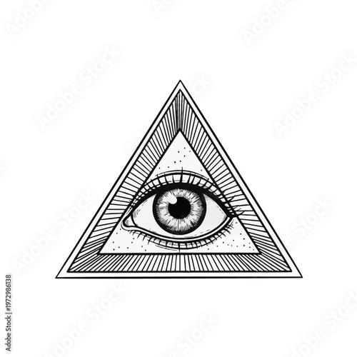Vector illustration of the all-seeing eye of providence symbol inside a geometric triangle with stippled texture and radiating lines, isolated on a white background.