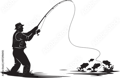 Man casting fishing rod with fish swimming in water