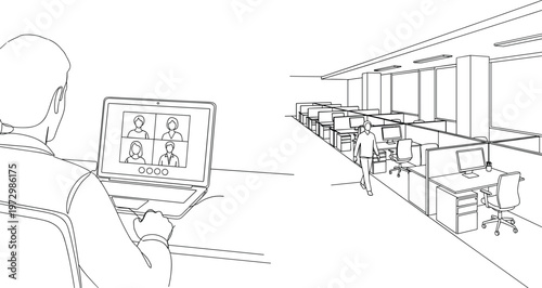 Black and White Line Art Illustration Depicting a Virtual Meeting on a Laptop with Office Workspace in the Background, Ideal for Remote Work, Business, and Virtual Collaboration Designs