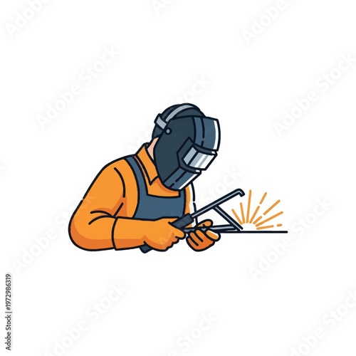 Minimalist vector illustration of a professional welder wearing a protective helmet and gloves while performing metalwork with a welding torch and bright orange sparks on a white background.