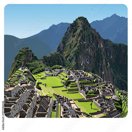 Detailed vector illustration of the Machu Picchu Inca citadel in Peru, featuring ancient stone ruins, agricultural terraces, and Huayna Picchu mountain peak in the Andes range.