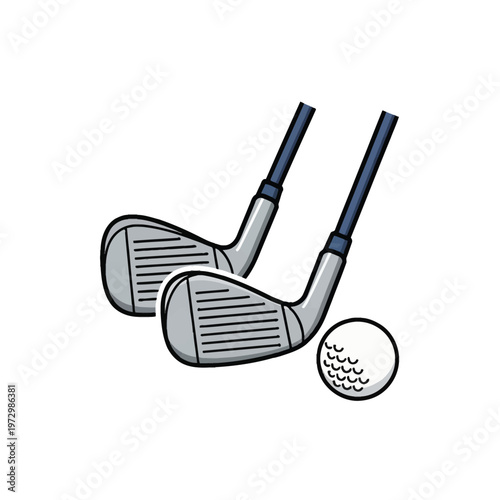 Vector graphic illustration featuring a pair of silver golf irons or wedges with black shafts positioned next to a white dimpled golf ball, isolated on a white background.