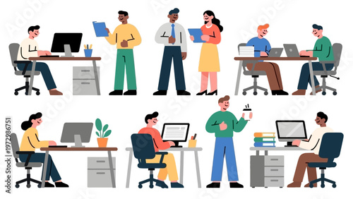 Diverse office workers collaborating and working.