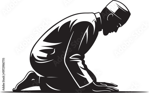 Man in prayer position wearing a cap kneeling hands on ground
