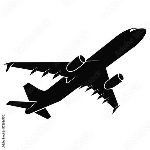 Black airplane silhouette vector, commercial passenger jet flying icon, modern aviation transport symbol for travel and logistics
