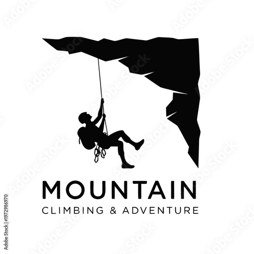 Mountain climbing and adventure logo, rock climber silhouette on cliff vector, minimalist outdoor extreme sports emblem with rappelling athlete