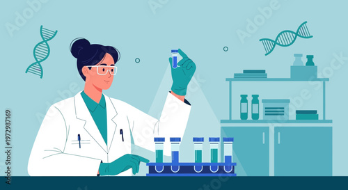 Scientist in Lab Coat Examines Test Tube, DNA Strands, and Beakers in Research Laboratory