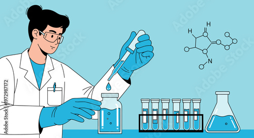 Scientist in lab coat conducts experiment with pipette and test tubes, chemical formula in background