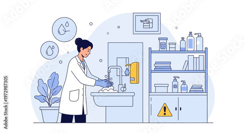 Scientist washing hands with soap and water in laboratory for hygiene and safety