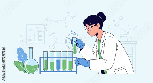 Scientist working in a laboratory with test tubes and beakers, conducting research