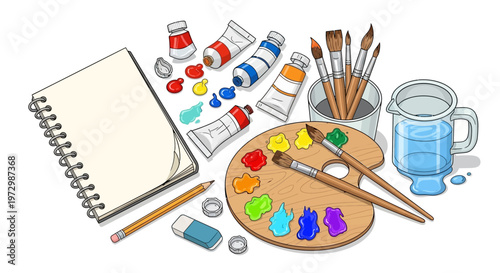 Art supplies for creative minds, with colorful paints, brushes, a palette, and a sketchbook, ready for imaginative artistic projects