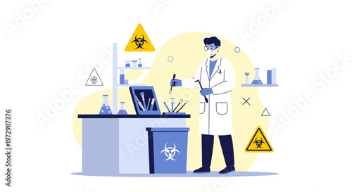 Scientist working in laboratory with biohazard symbols, research and experiments