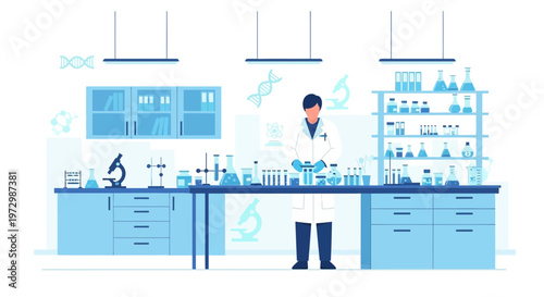 Scientist working in a modern laboratory with test tubes, beakers, and microscopes
