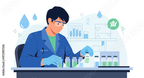 Scientist working in laboratory with test tubes and microscope, conducting research