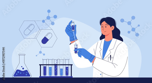 Scientist working in laboratory, conducting research with test tubes and molecular structures