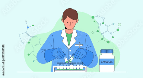 Scientist working with capsules and molecular structures in a laboratory
