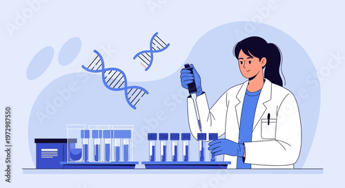 Scientist working with DNA and test tubes in a laboratory, biotechnology research