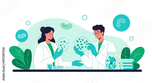 Scientists examining petri dishes with microorganisms in a laboratory setting