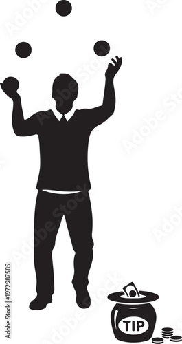 Man juggling coins near tip jar silhouette