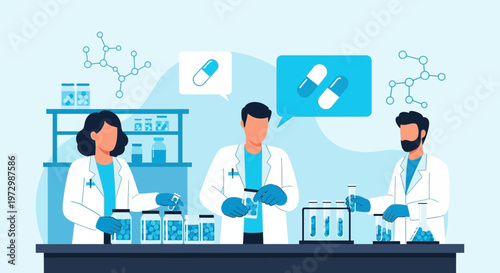 Scientists in lab coats working with pharmaceuticals and research equipment
