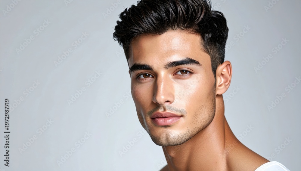 Obraz premium Close-up studio portrait of a handsome young man with dark hair and a clean-shaven face, showcasing smooth skin and attractive features.