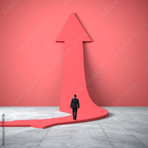 Minimalist concept of business growth with man standing on long red arrow leading up.