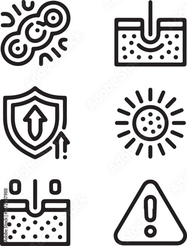 A collection of six outline icons representing dermatological health, skin protection, and potential hazards