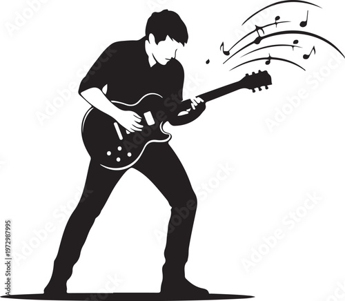 Man playing electric guitar with musical notes