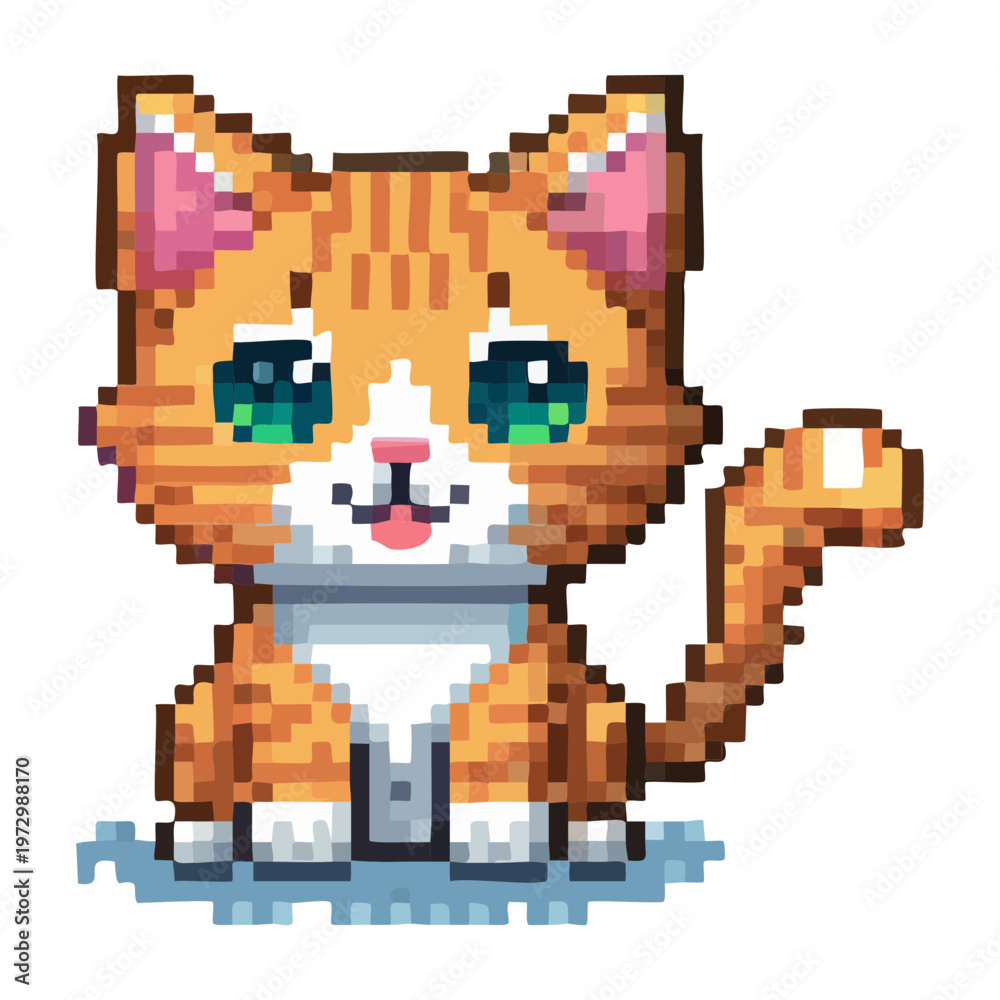 Obraz premium orange tabby cat sitting pixel art illustration for sunny game environments and friendly animal mascot designs for retro style platforms