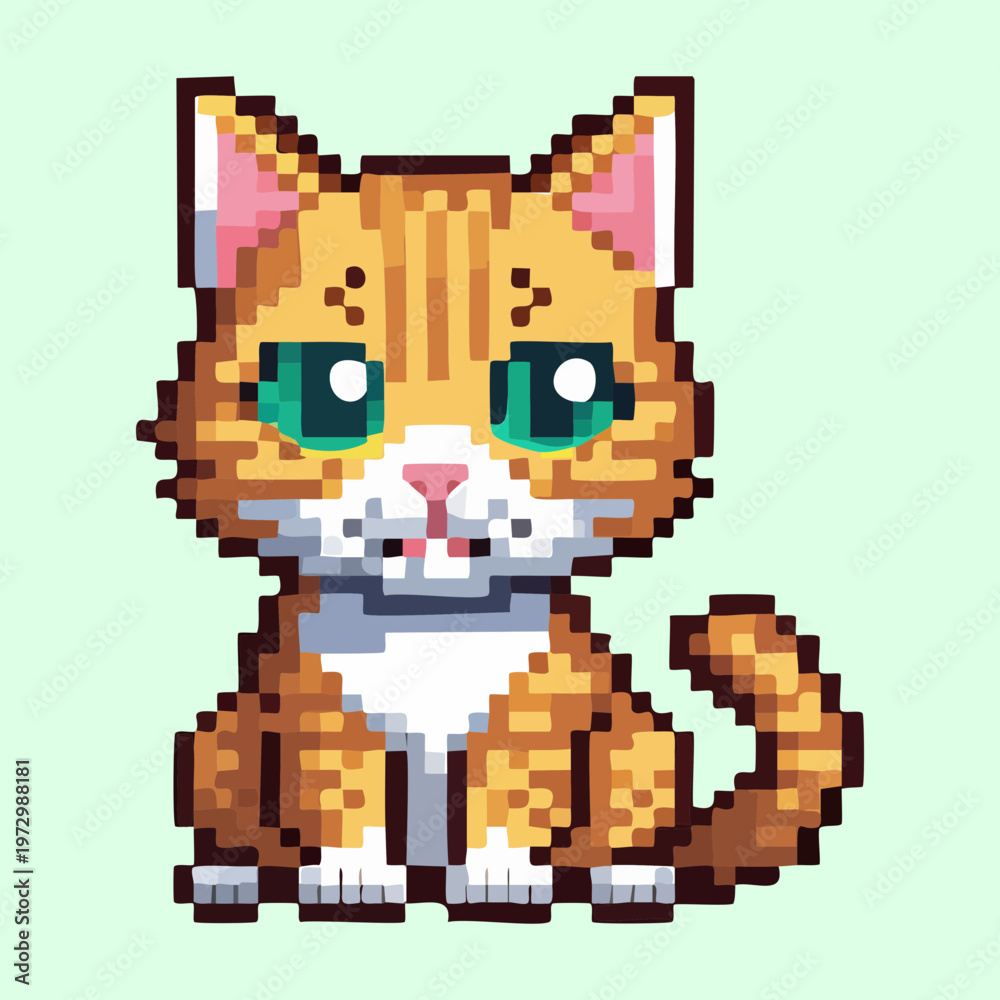 Fototapeta premium orange ginger kitten looking forward pixel art illustration for pet care guides and retro style digital assets for mobile game UI