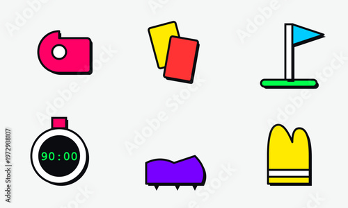 Hand-drawn collection of colorful soccer equipment icons including whistle cards flag timer boot and glove for authentic illustration
