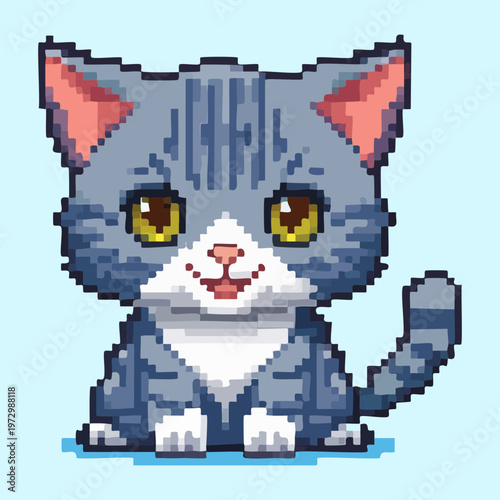 sitting grey tabby cat with stripes pixel art illustration for pet simulation games and retro platformer companion characters for indie dev