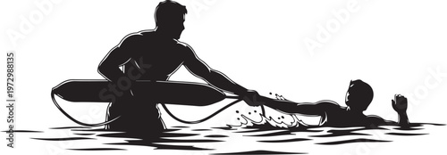 Man rescuing person from drowning with surfboard water