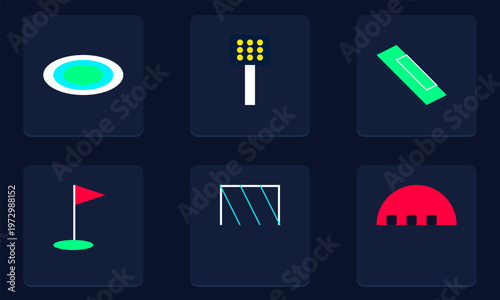 Hand-drawn isometric football stadium icons set featuring soccer pitch goal net floodlight and match day items authentic illustration