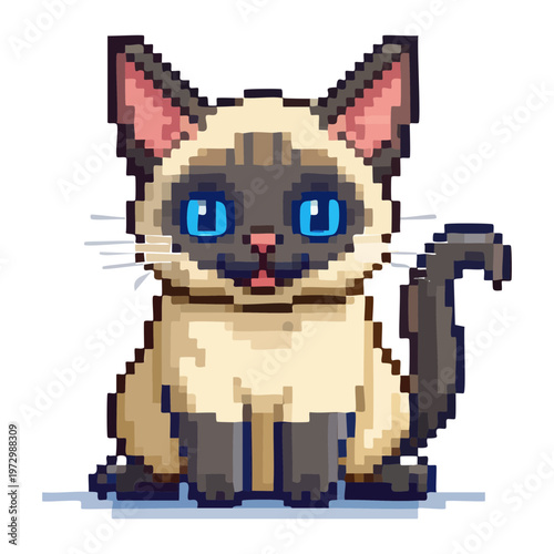 adorable siamese kitten sitting pixel art illustration for nursery games and friendly animal characters for retro style mobile app interfaces
