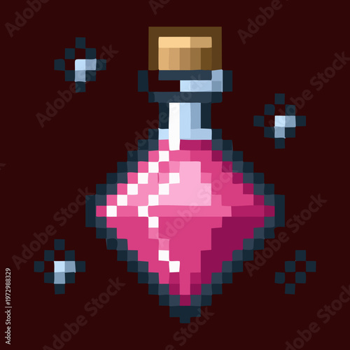 magic pink potion bottle in dark pixel art graphic for alchemy items and mana restoration icons in retro style fantasy games