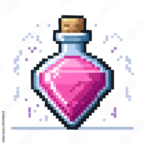 pink elixir potion bottle pixel art illustration for health boost items and mystical liquid assets for retro style fantasy adventure games