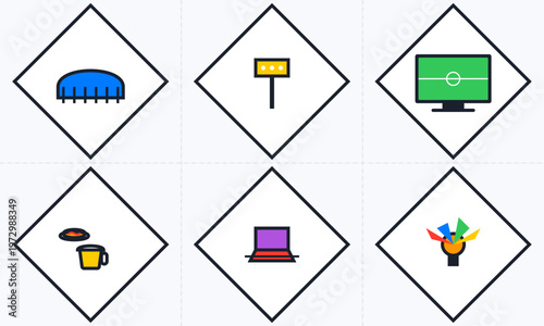Hand-drawn collection of sports stadium icons featuring viewing party elements and entertainment symbols for creative digital authentic illustration