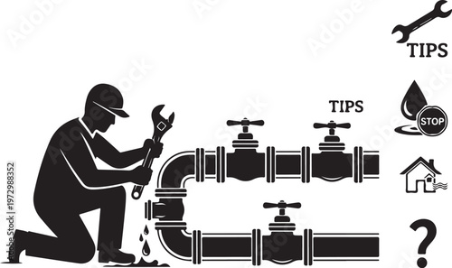 Plumber fixing leaking pipe with wrench and tools